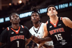UNO Mavericks player, JJ White, watches a free throw during a college basketball game on Feb 01, 2025 in Omaha, Nebraska. Photo by Logan Hock