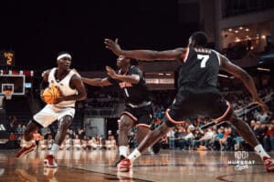 UNO Mavericks player, Ja'Sean Glover, drives to the basket during a college basketball game on Feb 01, 2025 in Omaha, Nebraska. Photo by Logan Hock
