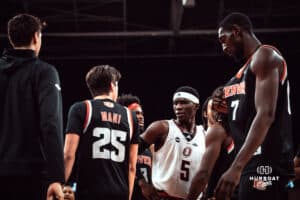 UNO Mavericks player, Ja'Sean Glover, exchanges words to Denver opponent during a college basketball game on Feb 01, 2025 in Omaha, Nebraska. Photo by Logan Hock