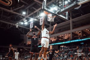UNO Mavericks player, Isaac Ondekane, hits a lay-up during a college basketball game on Feb 01, 2025 in Omaha, Nebraska. Photo by Logan Hock