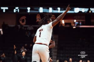 UNO Mavericks player, JJ White, celebrates a basket during a college basketball game on Feb 01, 2025 in Omaha, Nebraska. Photo by Logan Hock