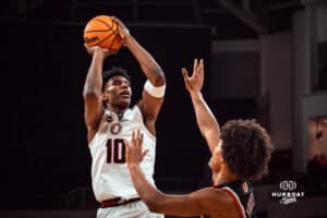 UNO Mavericks player, Marquel Sutton, takes a shot during a college basketball game on Feb 01, 2025 in Omaha, Nebraska. Photo by Logan Hock