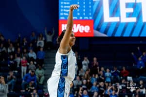 Creighton Bluejay Jayme Horan celebrates the bucket against the Providence Friars during a basketball game at Sokol Arena on Sunday, February 02, 2025, in Omaha, Nebraska. Photo by Collin Stilen.