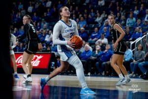 Creighton Bluejay Molly Mogensen looks to get an easy bucket against the Providence Friars during a basketball game at Sokol Arena on Sunday, February 02, 2025, in Omaha, Nebraska. Photo by Collin Stilen.