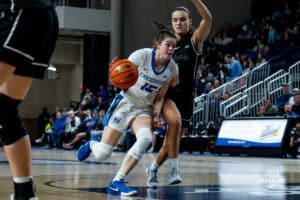 Creighton Bluejay Lauren Jensen looks to get ot the rim against the Providence Friars during a basketball game at Sokol Arena on Sunday, February 02, 2025, in Omaha, Nebraska. Photo by Collin Stilen.