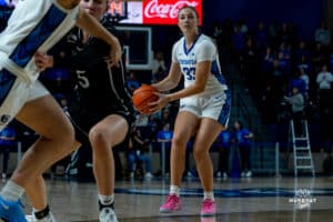 Creighton Bluejay Brooke Littrell (33) looks for a pass during a basketball game against the Providence Friars at Sokol Arena on Sunday, February 02, 2025, in Omaha, Nebraska. Photo by Collin Stilen.