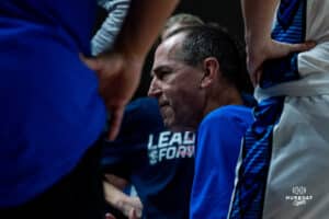 Creighton Bluejay Head Coach Jim Flanery talking with the team during a basketball game against the Providence Friars at Sokol Arena on Sunday, February 02, 2025, in Omaha, Nebraska. Photo by Collin Stilen.