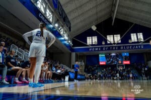 Creighton Bluejays wide shot of the tough battle during a basketball game against the Providence Friars at Sokol Arena on Sunday, February 02, 2025, in Omaha, Nebraska. Photo by Collin Stilen.