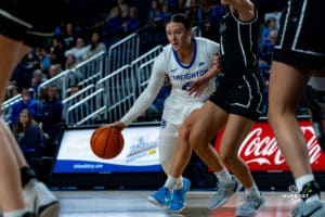 Creighton Bluejay Molly Mogensen drives to the bucket during a basketball game against the Providence Friars at Sokol Arena on Sunday, February 02, 2025, in Omaha, Nebraska. Photo by Collin Stilen.