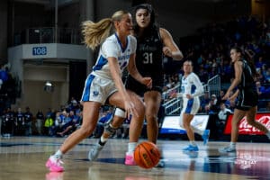 Creighton Bluejay Mallory Brake drives to the bucket during a basketball game against the Providence Friars at Sokol Arena on Sunday, February 02, 2025, in Omaha, Nebraska. Photo by Collin Stilen.