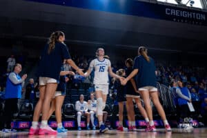 Creighton Bluejay Lauren Jensen with the lineup call during a basketball game against the Providence Friars at Sokol Arena on Sunday, February 02, 2025, in Omaha, Nebraska. Photo by Collin Stilen.