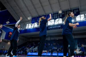 Creighton Bluejays carrying out warmups during a basketball game against the Providence Friars at Sokol Arena on Sunday, February 02, 2025, in Omaha, Nebraska. Photo by Collin Stilen.
