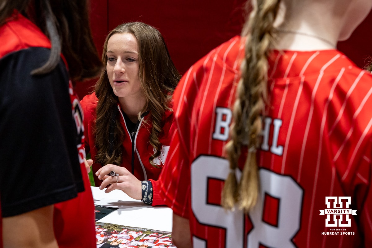 Jordyn Bahl signing autographs during softball fan day, February 1, 2025 in Lincoln, Nebraska. Photo by John S. Peterson.