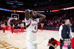 Nebraska Cornhuskers forward Juwan Gary (4) walks off the court after the overtime win against the Illinois Fighting Illini during a college basketball game, Thursday, January 30, 2025, in Lincoln, Nebraska. Photo by John S. Peterson.
