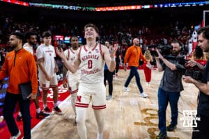 Nebraska Cornhuskers guard Connor Essegian (0) celebrates the win over the Illinois Fighting Illini in overtime during a college basketball game, Thursday, January 30, 2025, in Lincoln, Nebraska. Photo by John S. Peterson.