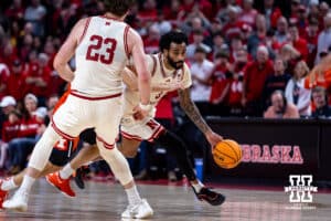 Nebraska Cornhuskers guard Brice Williams (3) drives to the basket against the Illinois Fighting Illini in overtime during a college basketball game, Thursday, January 30, 2025, in Lincoln, Nebraska. Photo by John S. Peterson.