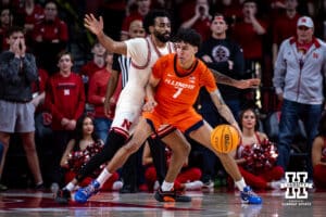 Nebraska Cornhuskers guard Brice Williams (3) guards Illinois Fighting Illini forward Will Riley (7) forcing him to turn over the ball passing the ball in overtime during a college basketball game, Thursday, January 30, 2025, in Lincoln, Nebraska. Photo by John S. Peterson.