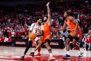Nebraska Cornhuskers guard Brice Williams (3) drives to the basket against Illinois Fighting Illini guard Kylan Boswell (4) in overtime during a college basketball game, Thursday, January 30, 2025, in Lincoln, Nebraska. Photo by John S. Peterson.