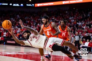 Nebraska Cornhuskers guard Brice Williams (3) makes a pass as against the Illinois Fighting Illini during a college basketball game, Thursday, January 30, 2025, in Lincoln, Nebraska. Photo by John S. Peterson.
