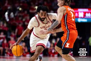 Nebraska Cornhuskers guard Brice Williams (3) drives to the basket against Illinois Fighting Illini guard Dra Gibbs-Lawhorn (2) in the second half during a college basketball game, Thursday, January 30, 2025, in Lincoln, Nebraska. Photo by John S. Peterson.
