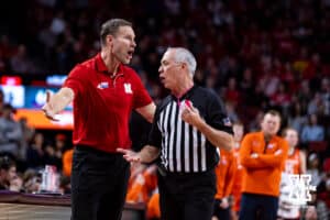 Nebraska Cornhuskers head coach Fred Hoiberg talks to the referee in the second half against the Illinois Fighting Illini during a college basketball game, Thursday, January 30, 2025, in Lincoln, Nebraska. Photo by John S. Peterson.