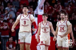 Nebraska Cornhuskers forward Berke Buyuktuncel (9) flexes after making a play against the Illinois Fighting Illini in the second half during a college basketball game, Thursday, January 30, 2025, in Lincoln, Nebraska. Photo by John S. Peterson.