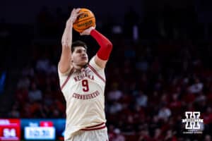 Nebraska Cornhuskers forward Berke Buyuktuncel (9) makes a three-point shot against the Illinois Fighting Illini in the second half during a college basketball game, Thursday, January 30, 2025, in Lincoln, Nebraska. Photo by John S. Peterson.