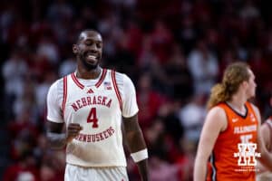 Nebraska Cornhuskers forward Juwan Gary (4) smiles and fist pumps after Illinois Fighting Illini turns the ball over in the second half during a college basketball game, Thursday, January 30, 2025, in Lincoln, Nebraska. Photo by John S. Peterson.