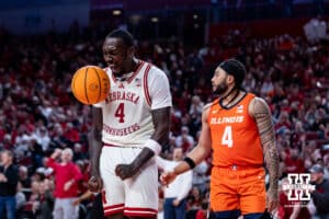 Nebraska Cornhuskers forward Juwan Gary (4) celebrates a making a dunk against the Illinois Fighting Illini in the second half during a college basketball game, Thursday, January 30, 2025, in Lincoln, Nebraska. Photo by John S. Peterson.