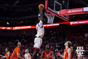 Nebraska Cornhuskers forward Juwan Gary (4) dunks the ball against the Illinois Fighting Illini in the second half during a college basketball game, Thursday, January 30, 2025, in Lincoln, Nebraska. Photo by John S. Peterson.