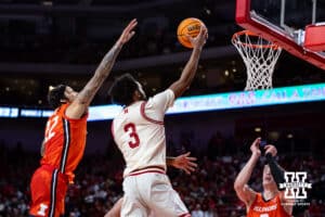 Nebraska Cornhuskers guard Brice Williams (3) makes a layup against the Illinois Fighting Illini in the second half during a college basketball game, Thursday, January 30, 2025, in Lincoln, Nebraska. Photo by John S. Peterson.