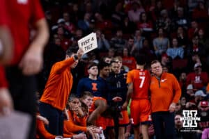 Illinois Fighting Illini assistant coach holding a sign for their players against the Nebraska Cornhuskers in the first half during a college basketball game, Thursday, January 30, 2025, in Lincoln, Nebraska. Photo by John S. Peterson.