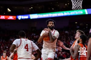 Nebraska Cornhuskers guard Brice Williams (3) pulls down the rebound against the Illinois Fighting Illini in the first half during a college basketball game, Thursday, January 30, 2025, in Lincoln, Nebraska. Photo by John S. Peterson.