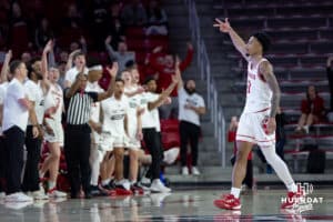 outh Dakota Coyotes guard Dre Bullock (11) celebrates a three-point shot against the Omaha Mavericks late in the second half during a college basketball game, Wednesday, January 29, 2025, in Vermillion, South Dakota. Photo by John S. Peterson.