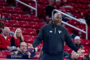 Omaha Mavericks head coach Chris Crutchfield reacts to the action on the court against the South Dakota Coyotes in the second half during a college basketball game, Wednesday, January 29, 2025, in Vermillion, South Dakota. Photo by John S. Peterson.