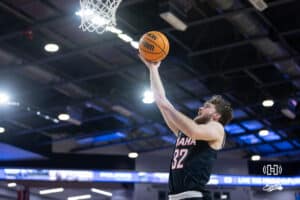 Omaha Mavericks guard Tony Osburn (32) makes a layup against the South Dakota Coyotes in the the second half during a college basketball game, Wednesday, January 29, 2025, in Vermillion, South Dakota. Photo by John S. Peterson.