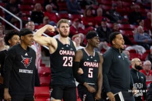 Omaha Mavericks forward Joshua Streit (23) and guard Ja'Sean Glover (5) celebrates a basket against the South Dakota Coyotes in the second half during a college basketball game, Wednesday, January 29, 2025, in Vermillion, South Dakota. Photo by John S. Peterson.