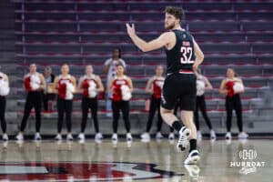 Omaha Mavericks guard Tony Osburn (32) celebrates a basket against the South Dakota Coyotes during a college basketball game, Wednesday, January 29, 2025, in Vermillion, South Dakota. Photo by John S. Peterson.