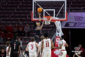 Omaha Mavericks forward Marquel Sutton (10) blocks a layup against the South Dakota Coyotes in the first half during a college basketball game, Wednesday, January 29, 2025, in Vermillion, South Dakota. Photo by John S. Peterson.