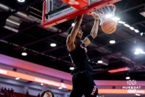 Omaha Mavericks forward Marquel Sutton (10) dunks the ball against the South Dakota Coyotes during a college basketball game, Wednesday, January 29, 2025, in Vermillion, South Dakota. Photo by John S. Peterson.