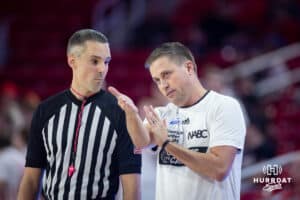 Omaha Mavericks head coach Chris Crutchfield talks to a referee against the Omaha Mavericks in the first half during a college basketball game, Wednesday, January 29, 2025, in Vermillion, South Dakota. Photo by John S. Peterson.