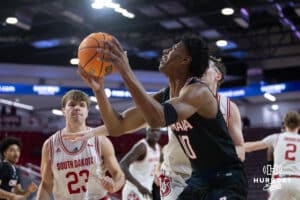 Omaha Mavericks forward Marquel Sutton (10) drives to the basket against the South Dakota Coyotes in the first half during a college basketball game, Wednesday, January 29, 2025, in Vermillion, South Dakota. Photo by John S. Peterson.