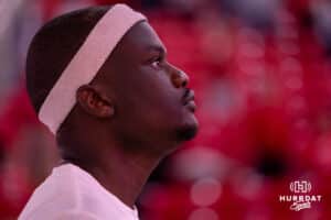South Dakota Coyotes forward Mayuom Buom (0) waiting for line ups intros before taking on the Omaha Mavericks during a college basketball game, Wednesday, January 29, 2025, in Vermillion, South Dakota. Photo by John S. Peterson.