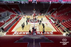 Omaha Mavericks and South Dakota Coyotes warm up before a college basketball game, Wednesday, January 29, 2025, in Vermillion, South Dakota. Photo by John S. Peterson.