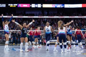 Omaha Supernovas celebrate match point against the Grand Rapids Rise during a professional volleyball match Sunday, March 30, 2025 in Omaha, Nebraska. Photo by John S. Peterson.