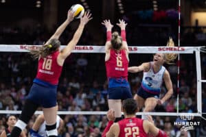 Omaha Supernova Camila Gomez (10) spikes the ball against the Grand Rapids Rise during a professional volleyball match Sunday, March 30, 2025 in Omaha, Nebraska. Photo by John S. Peterson.