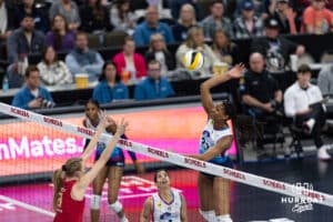 Omaha Supernova Kaitlyn Hord (23) spikes the ball against Grand Rapids Rise Marin Grote (8)during a professional volleyball match Sunday, March 30, 2025 in Omaha, Nebraska. Photo by John S. Peterson.
