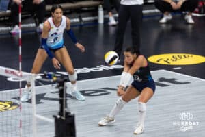 Omaha Supernova Camila Gomez (10) digs the ball against the Grand Rapids Rise during a professional volleyball match Sunday, March 30, 2025 in Omaha, Nebraska. Photo by John S. Peterson.