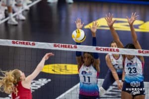 Omaha Supernova Kelsie Payne (11) along with Kaitlyn Hord (23) jump up to block Grand Rapid Rises Carli Snyder (4) during a professional volleyball match Sunday, March 30, 2025 in Omaha, Nebraska. Photo by John S. Peterson.