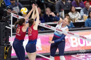 Omaha Supernova Emily Londot (27) spikes the ball against Grand Rapids Rise Paige Briggs-Romine (13) and Grand Rapid Alyssa Jensen (17) during a professional volleyball match Sunday, March 30, 2025 in Omaha, Nebraska. Photo by John S. Peterson.